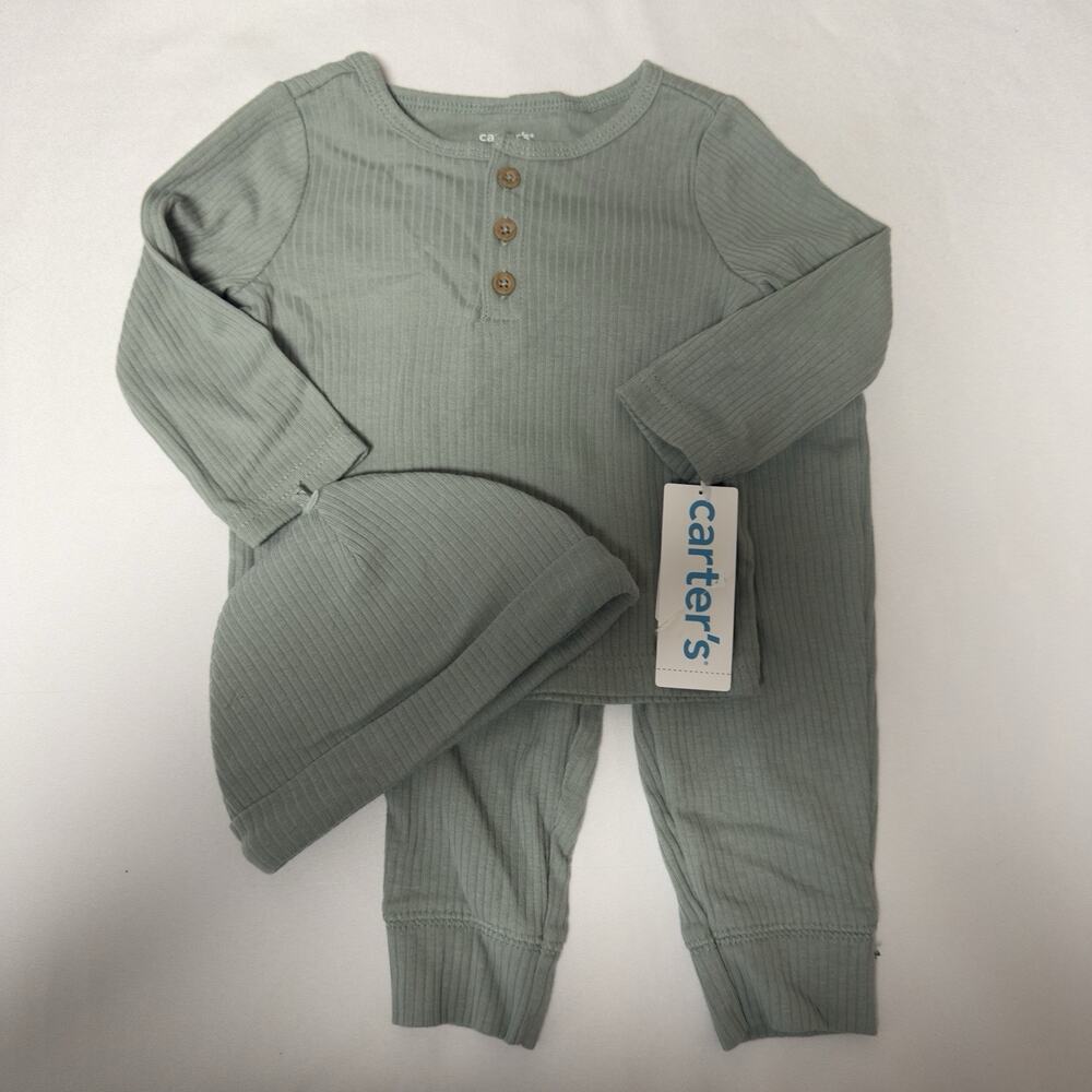 Carter's 3 piece Ribbed Outfit Set 6 Months Sage Green Long Sleeves Hat